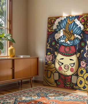Colorful illustration featuring a whimsical pig and koi fish with decorative elements