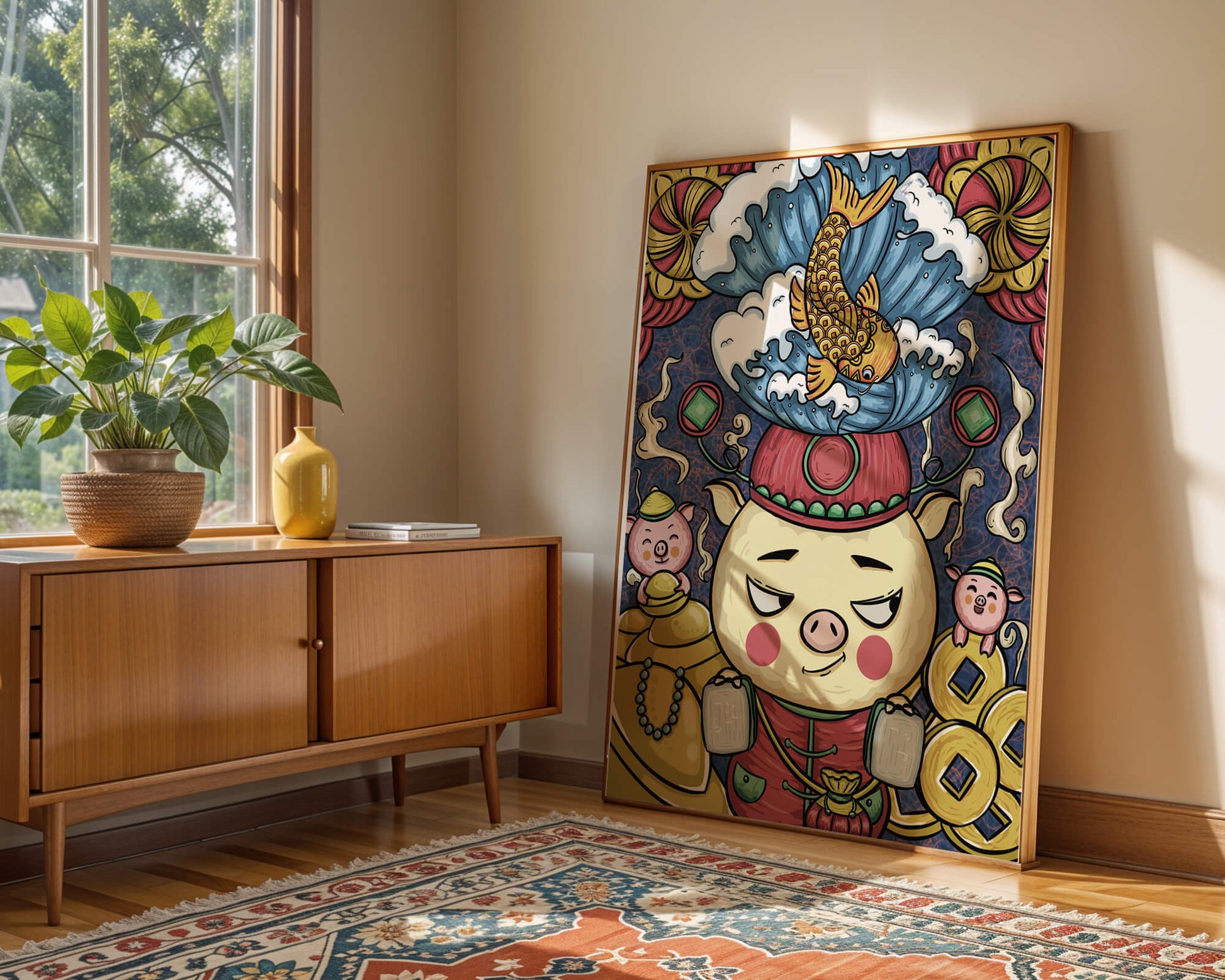 Colorful illustration featuring a whimsical pig and koi fish with decorative elements