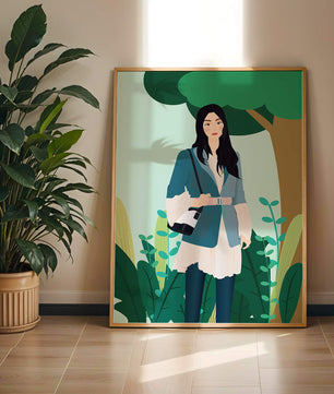 Illustrative portrait of a woman in a stylish outfit with nature backdrop