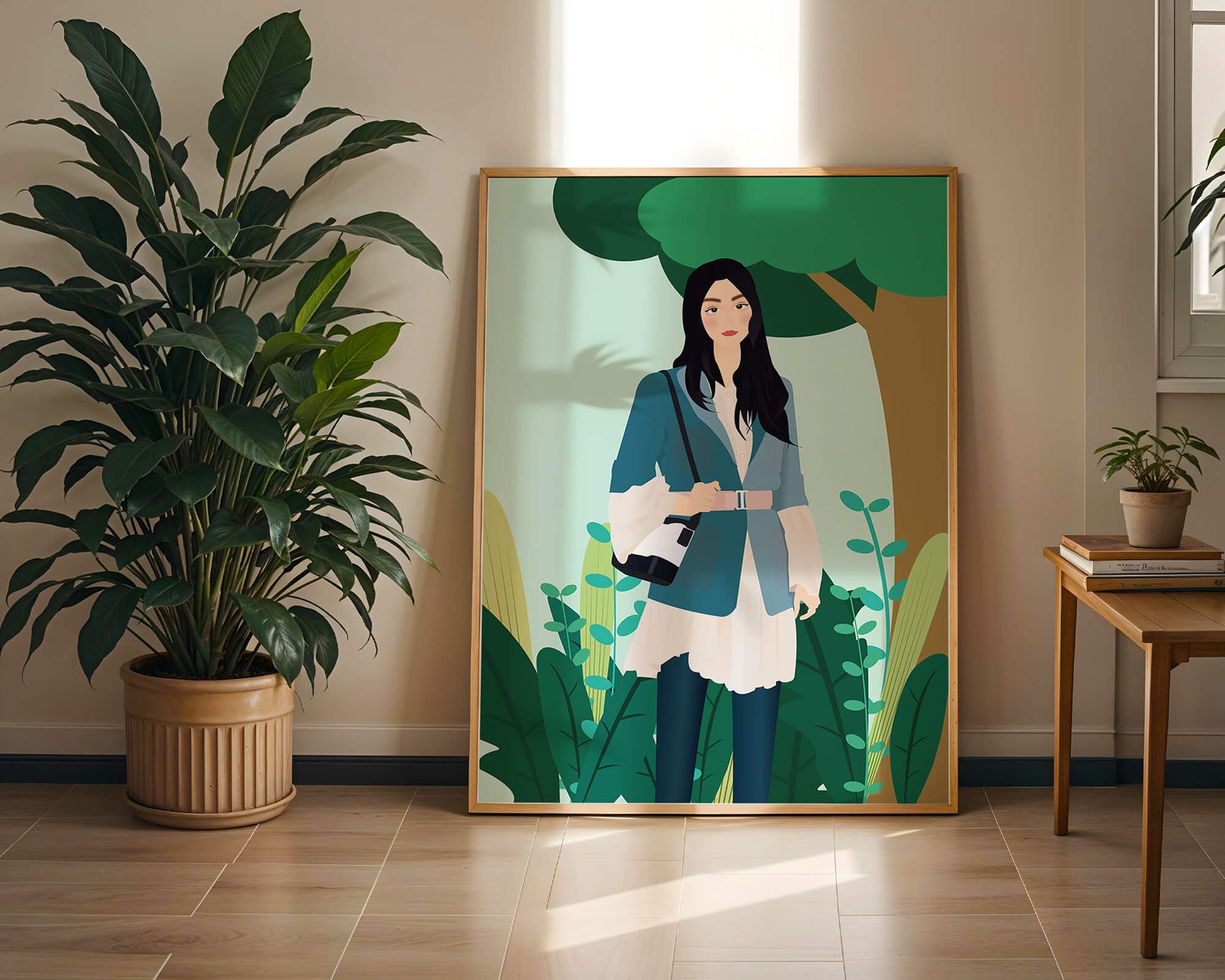 Illustrative portrait of a woman in a stylish outfit with nature backdrop