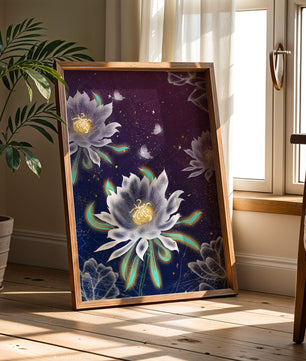 Floral Fantasy with Glowing Elements and Butterflies in Night Sky