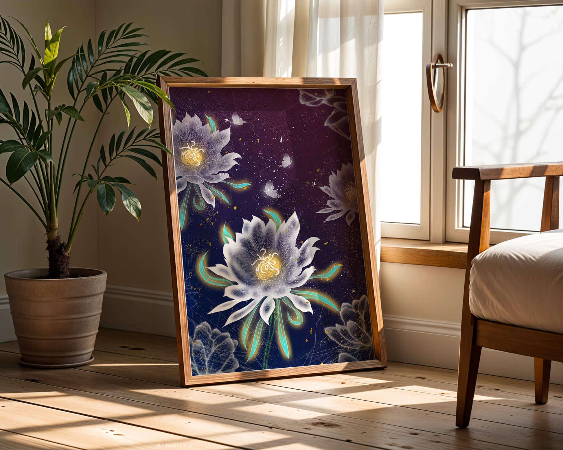 Floral Fantasy with Glowing Elements and Butterflies in Night Sky