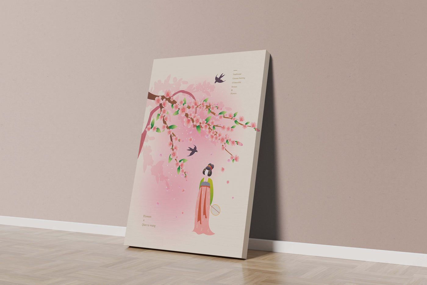 Traditional Chinese art with cherry blossoms and elegant figure