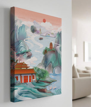 Ruhige Landschaft mit traditioneller asiatischer Architektur und Naturelementen