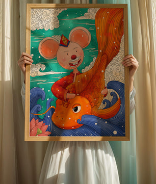 Whimsical illustration of a mouse riding a golden fish in a vibrant fantasy setting