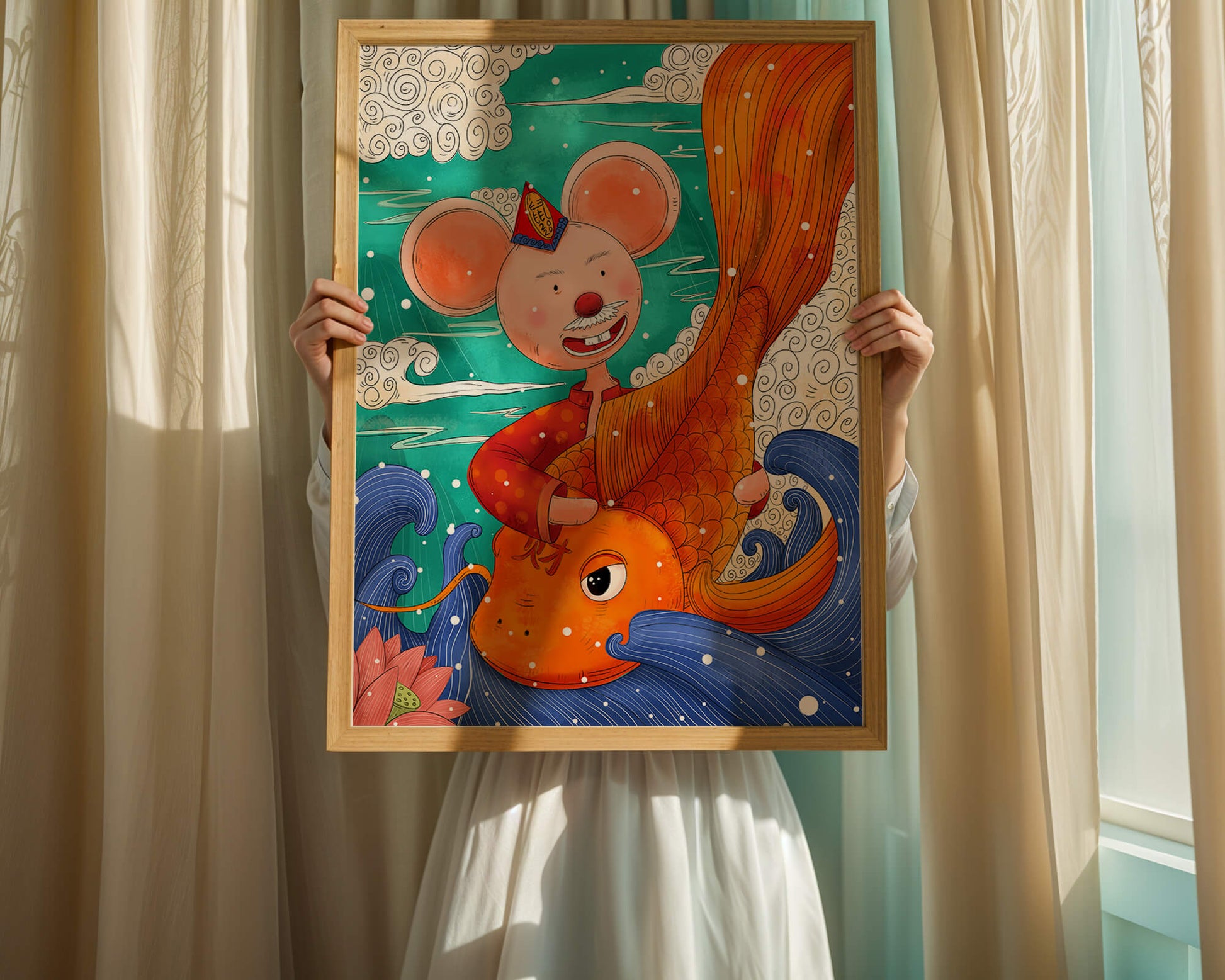 Whimsical illustration of a mouse riding a golden fish in a vibrant fantasy setting