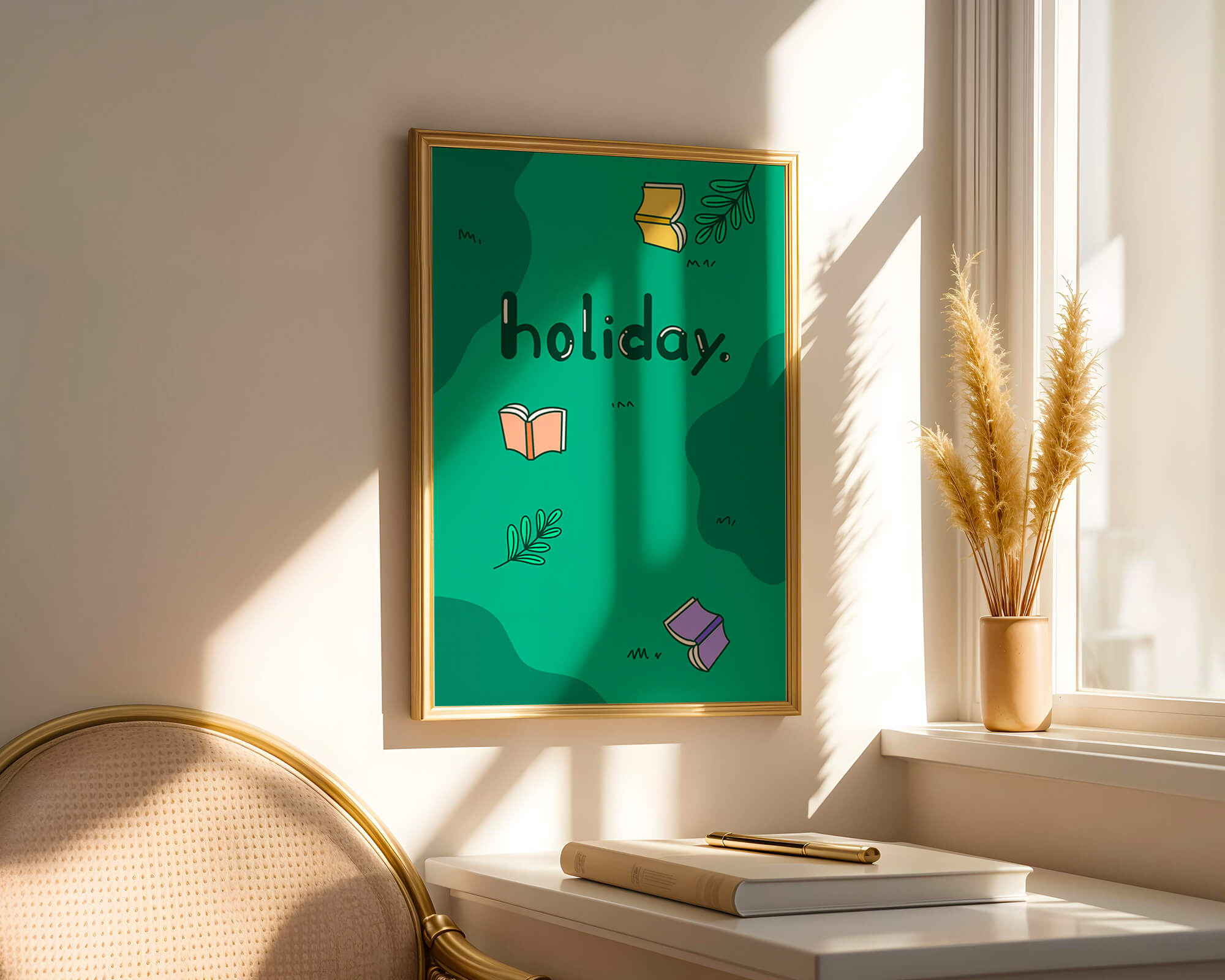 Colorful holiday-themed design with books and leaves