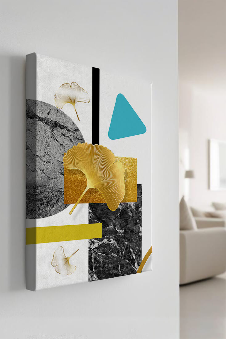 Geometric Abstract Composition with Gold Ginkgo Leaves