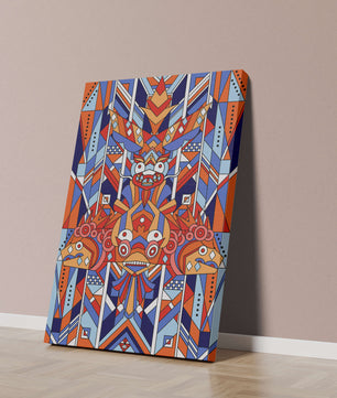 Arte tribal geométrico con colores vibrantes y patrones simétricos