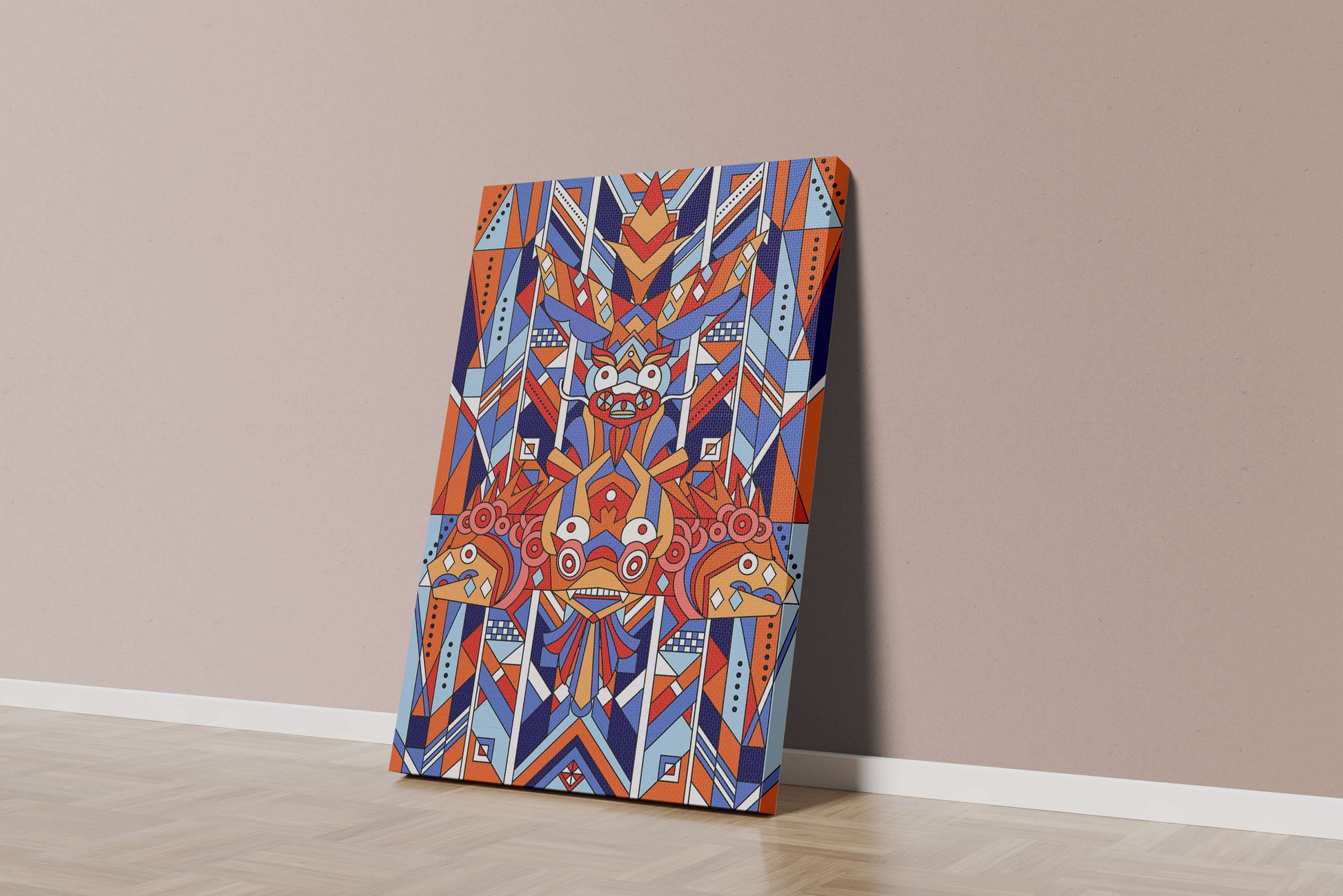 Arte tribal geométrico con colores vibrantes y patrones simétricos