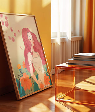 Illustration of a serene woman in a floral dress with flowing red hair