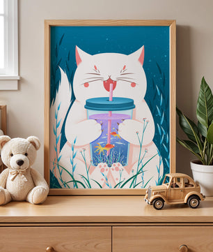 Playful cat with a fish tank tumbler in the underwater scene illustration