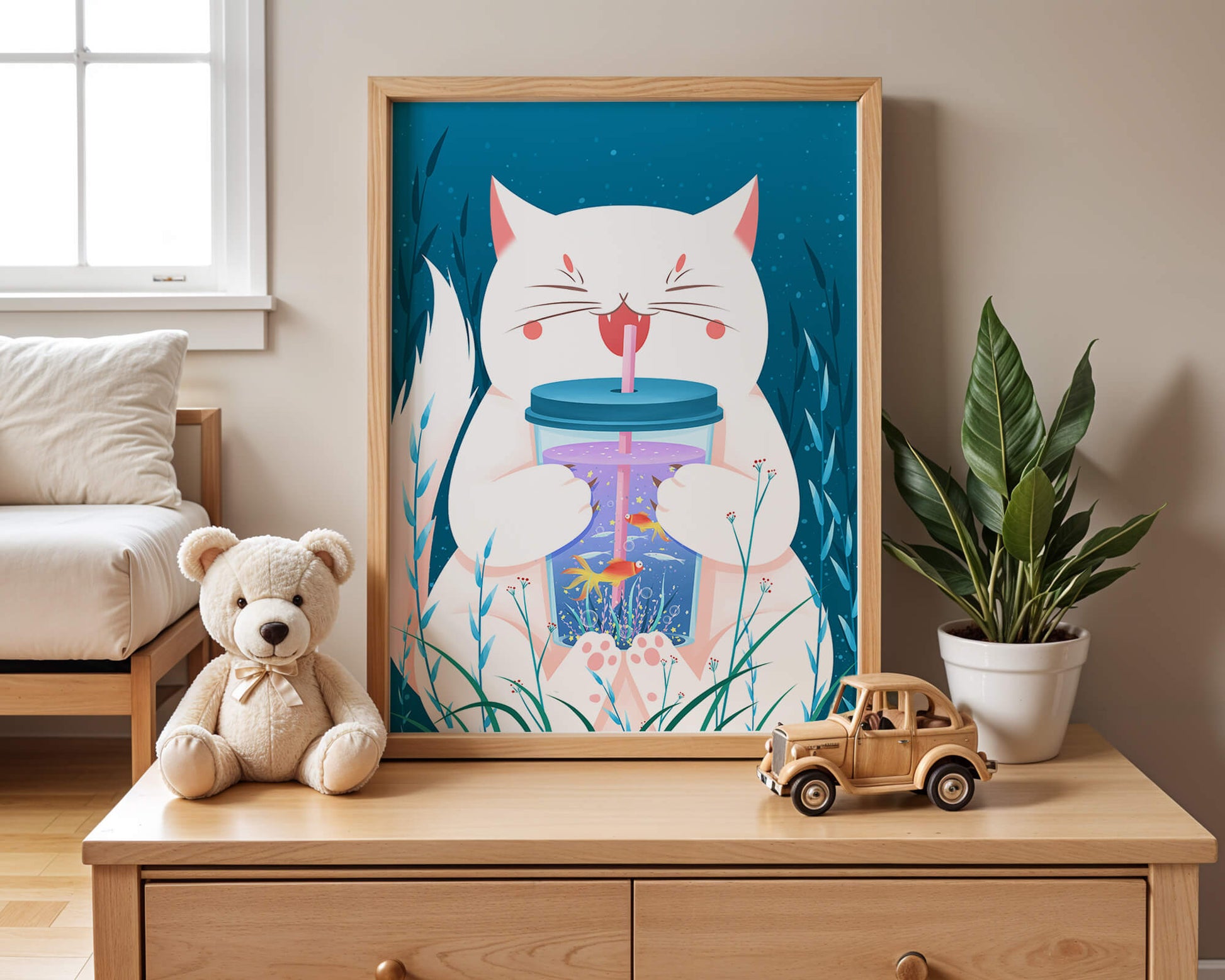 Playful cat with a fish tank tumbler in the underwater scene illustration