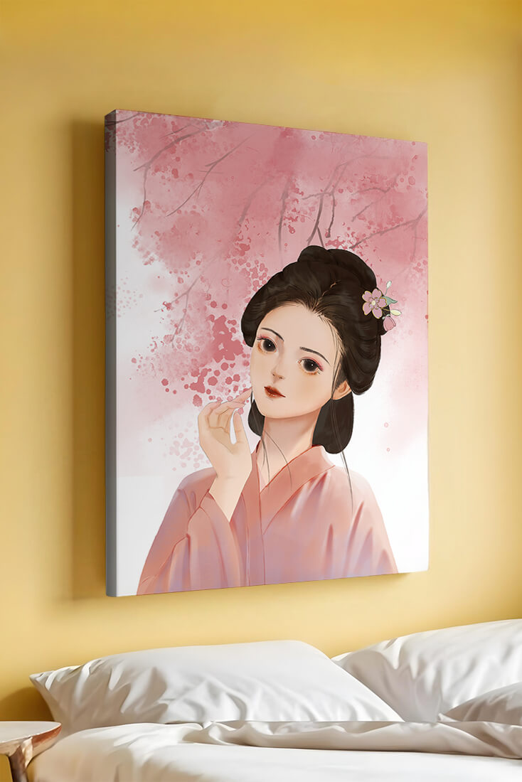 Traditional Japanese woman with pink cherry blossoms in the background