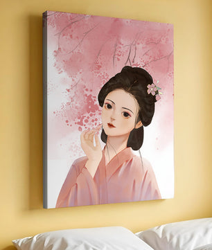 Femme japonaise traditionnelle avec des fleurs de cerisier roses en arrière-plan