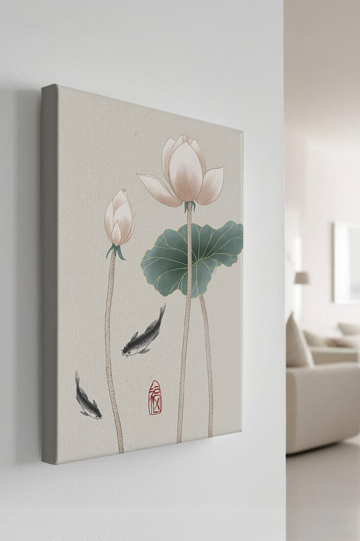 Lotus flowers and koi fish in minimalist Asian art illustration