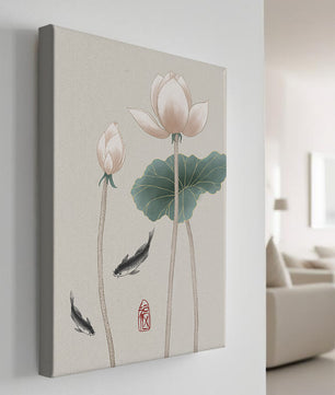 Fleurs de lotus et carpes koï dans une illustration d’art asiatique minimaliste