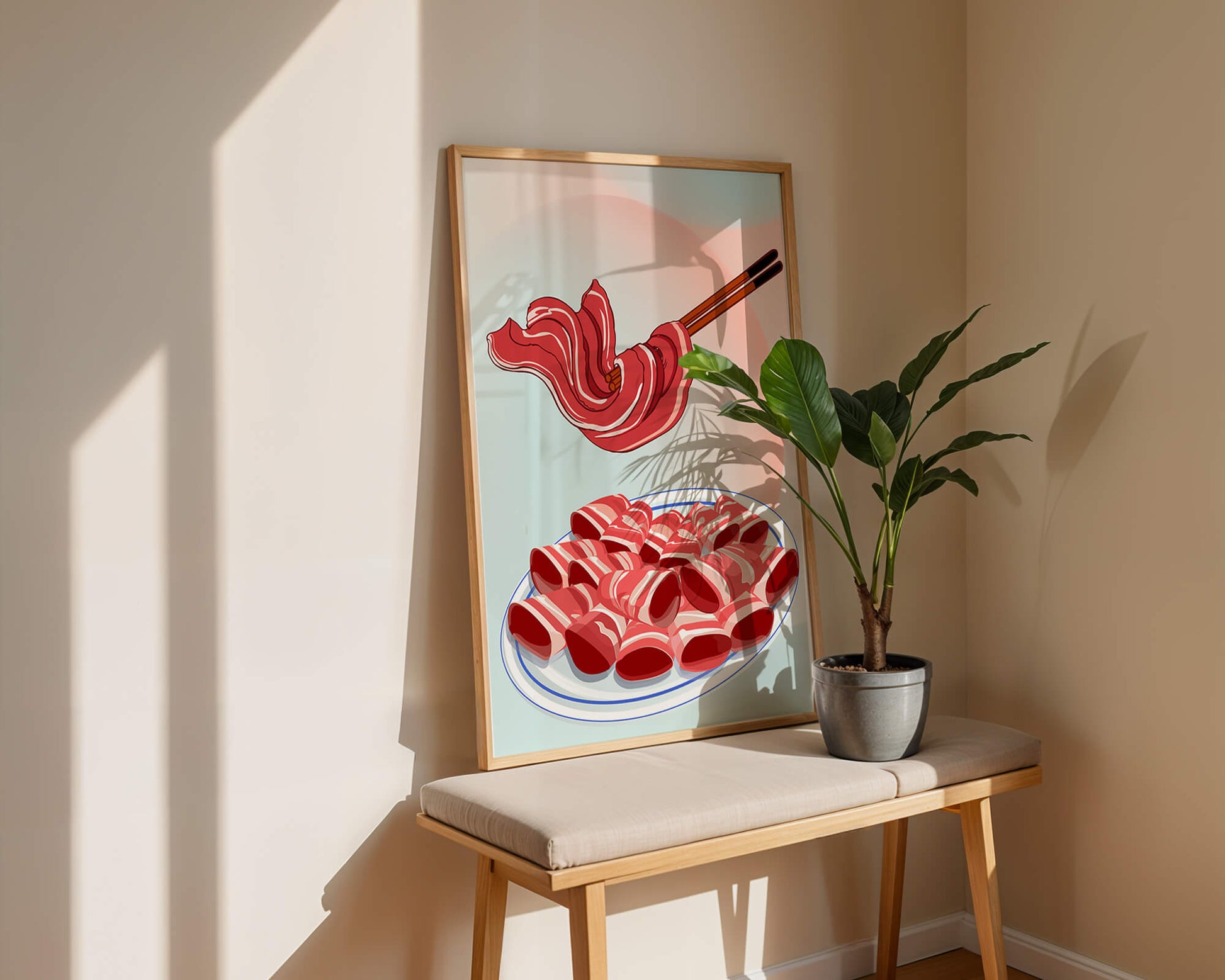 Delicious raw meat slices on plate with chopsticks in background