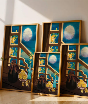 Noche iluminada por la luna con pasteles de luna y decoración floral sobre una mesa de madera