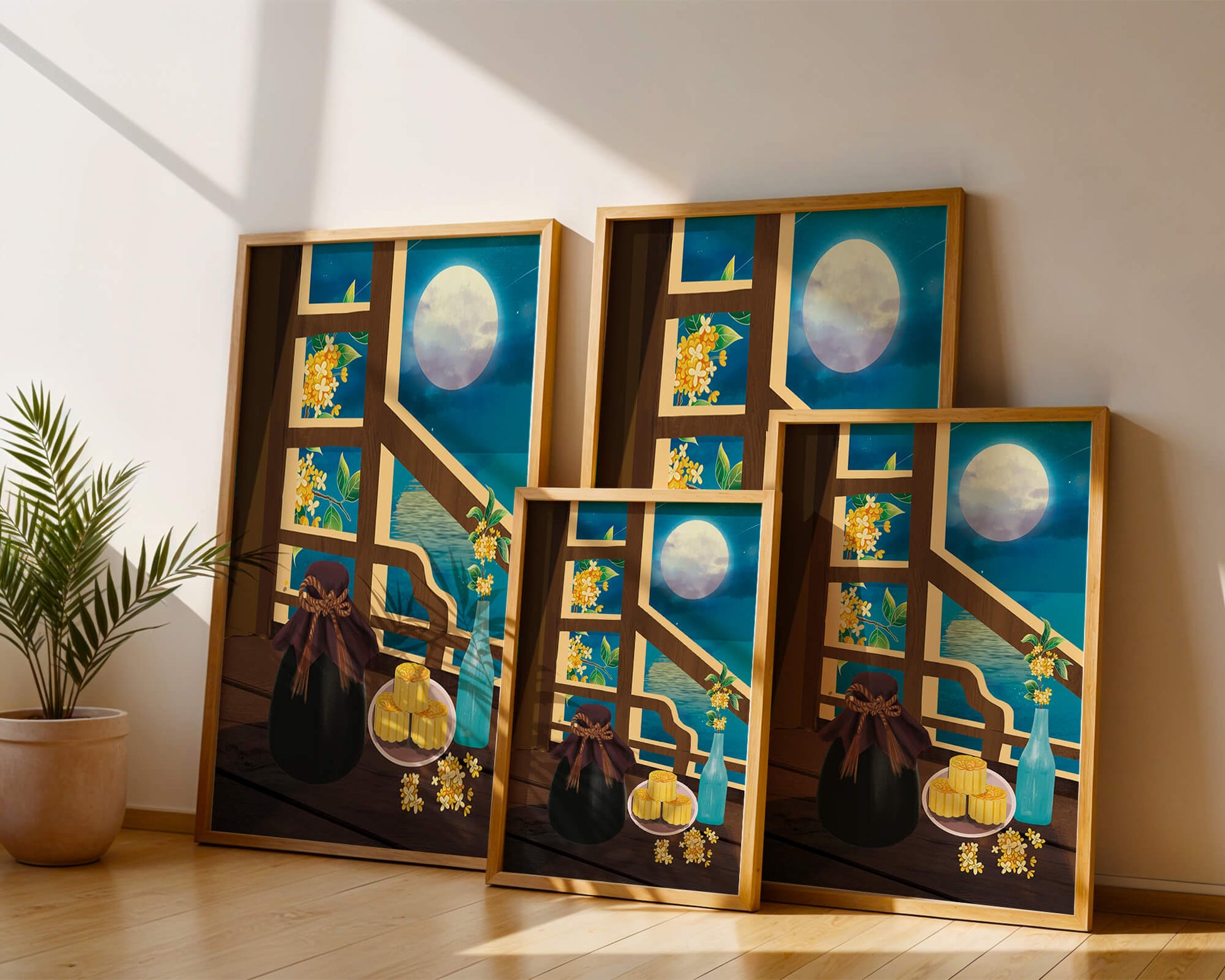 Noche iluminada por la luna con pasteles de luna y decoración floral sobre una mesa de madera