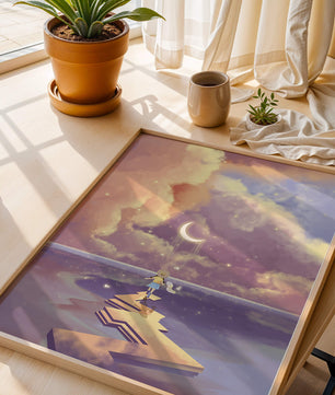 Whimsical journey on a dreamlike path beneath colorful clouds