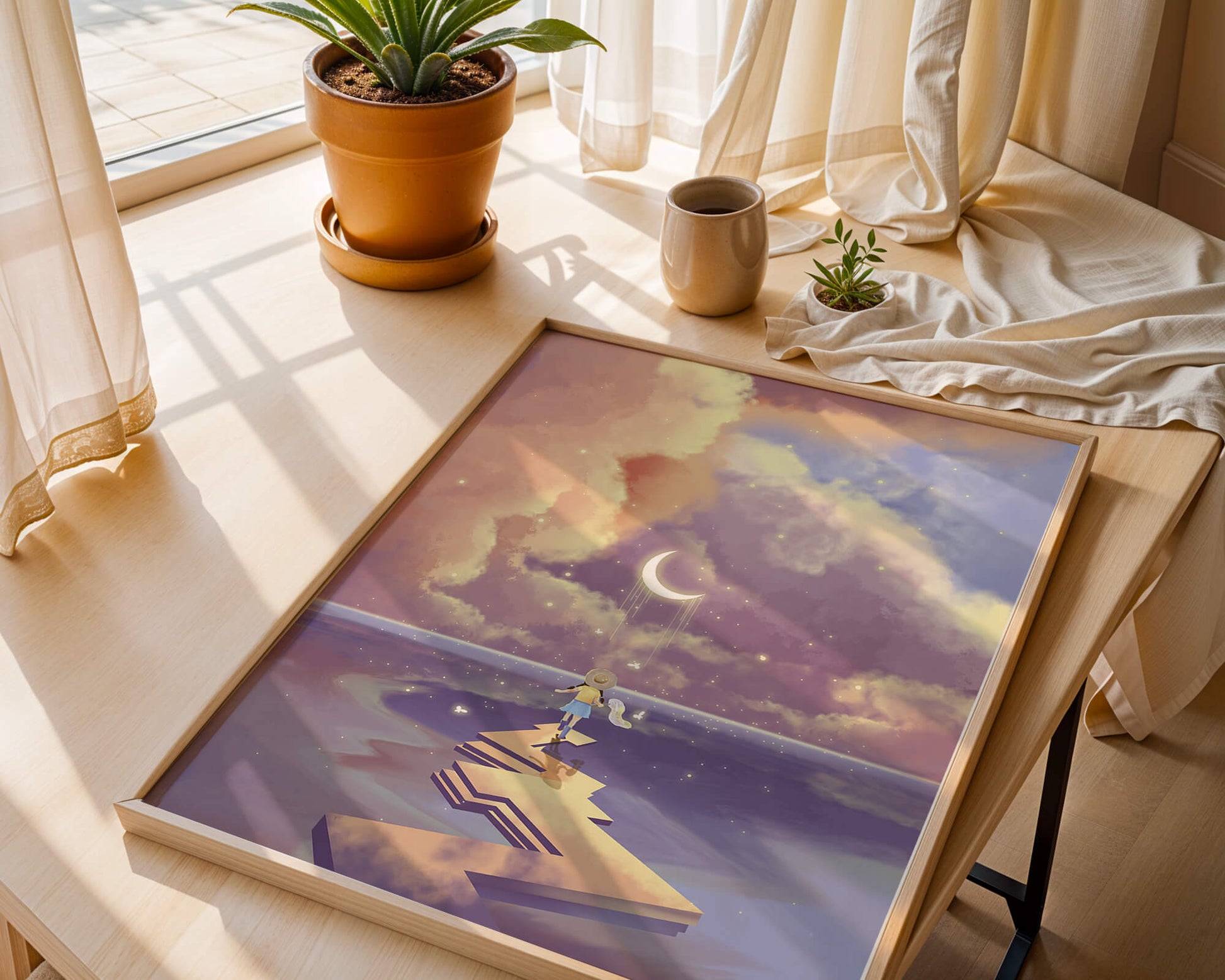 Whimsical journey on a dreamlike path beneath colorful clouds