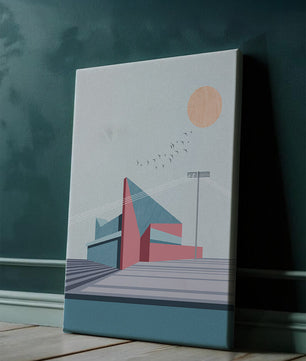 Ilustración arquitectónica moderna con diseño geométrico y atardecer