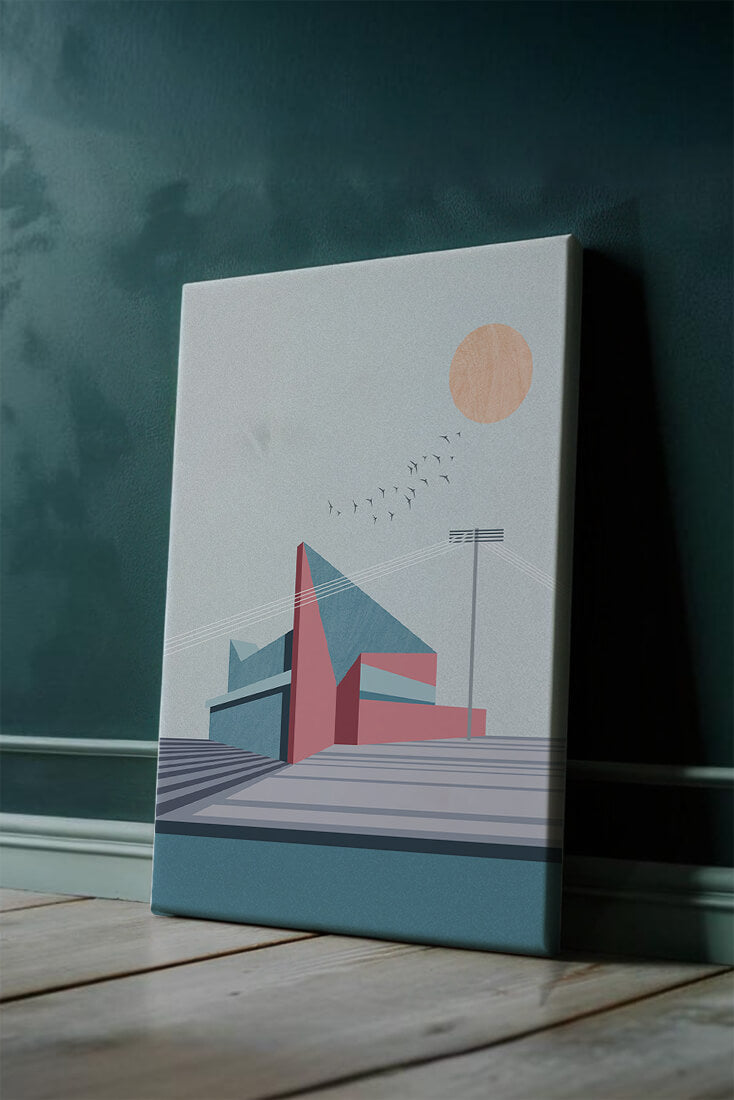 Ilustración arquitectónica moderna con diseño geométrico y atardecer