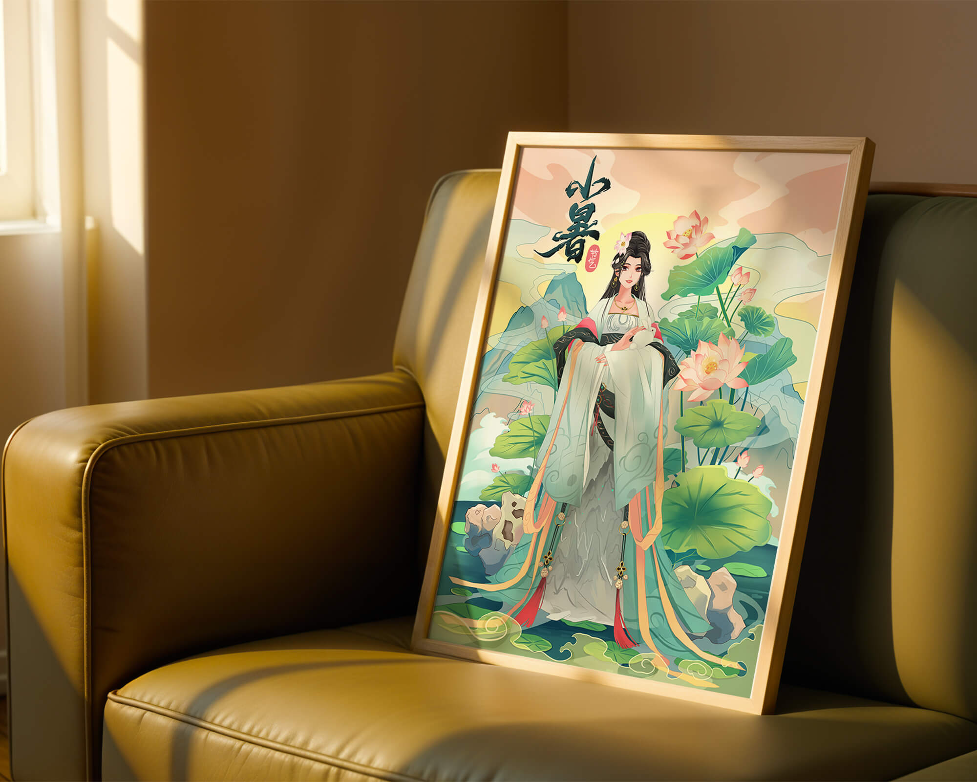 Elegant woman in traditional attire with lotus flowers and serene backdrop