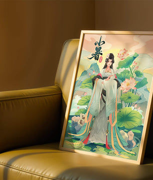 Elegant woman in traditional attire with lotus flowers and serene backdrop