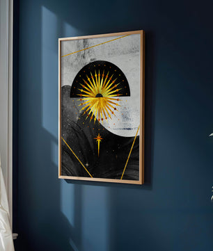 Abstract cosmic design featuring golden sunburst and celestial elements
