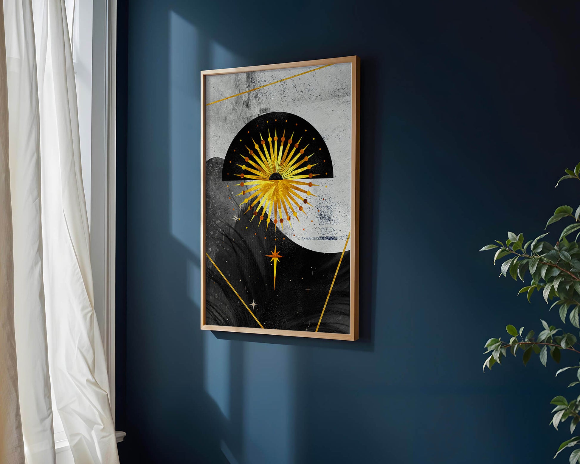 Abstract cosmic design featuring golden sunburst and celestial elements