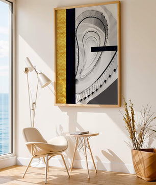 Abstract spiral staircase with a gold accent design