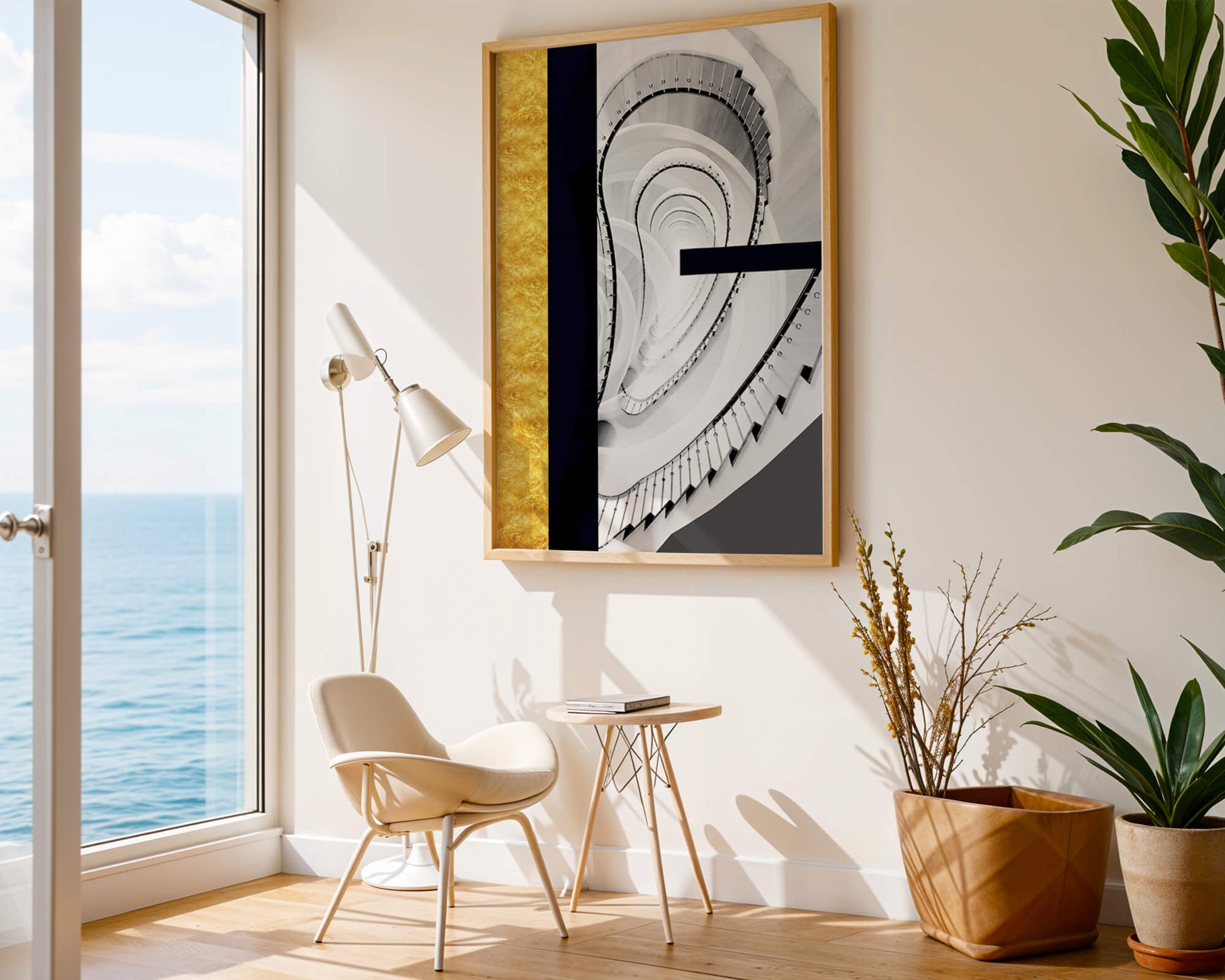Abstract spiral staircase with a gold accent design