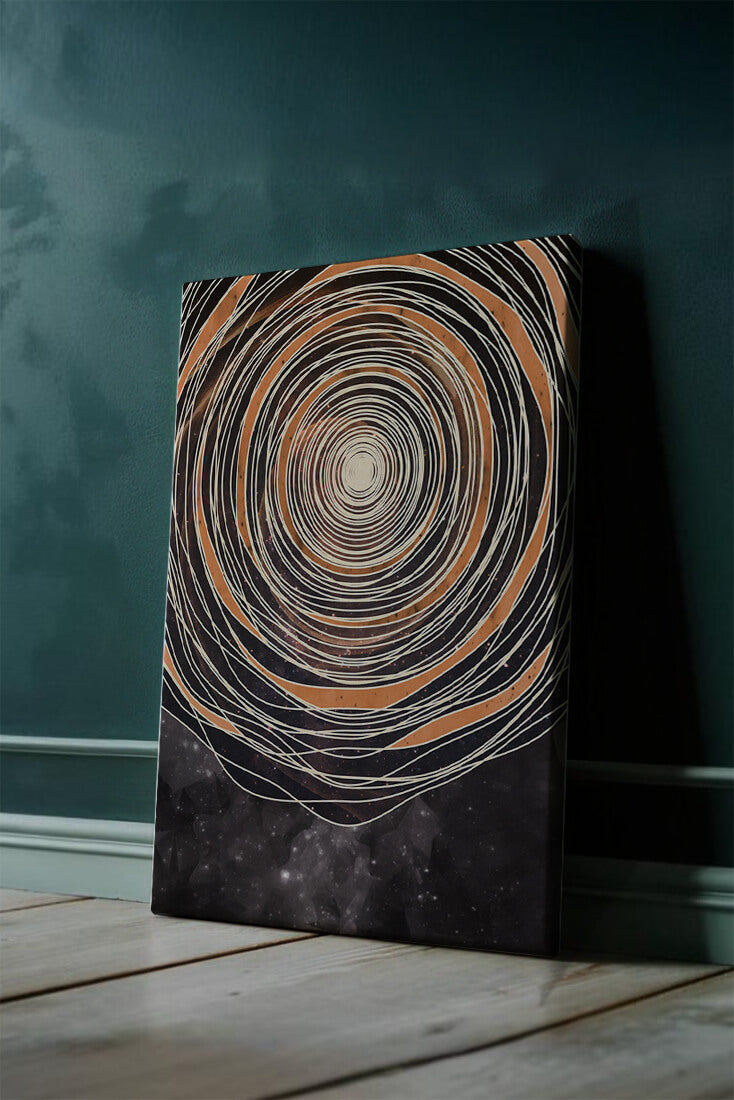 Abstract cosmic spiral with concentric oval patterns and starry background