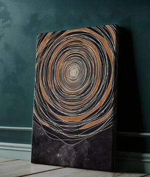 Espiral cósmica abstracta con patrones ovalados concéntricos y fondo estrellado