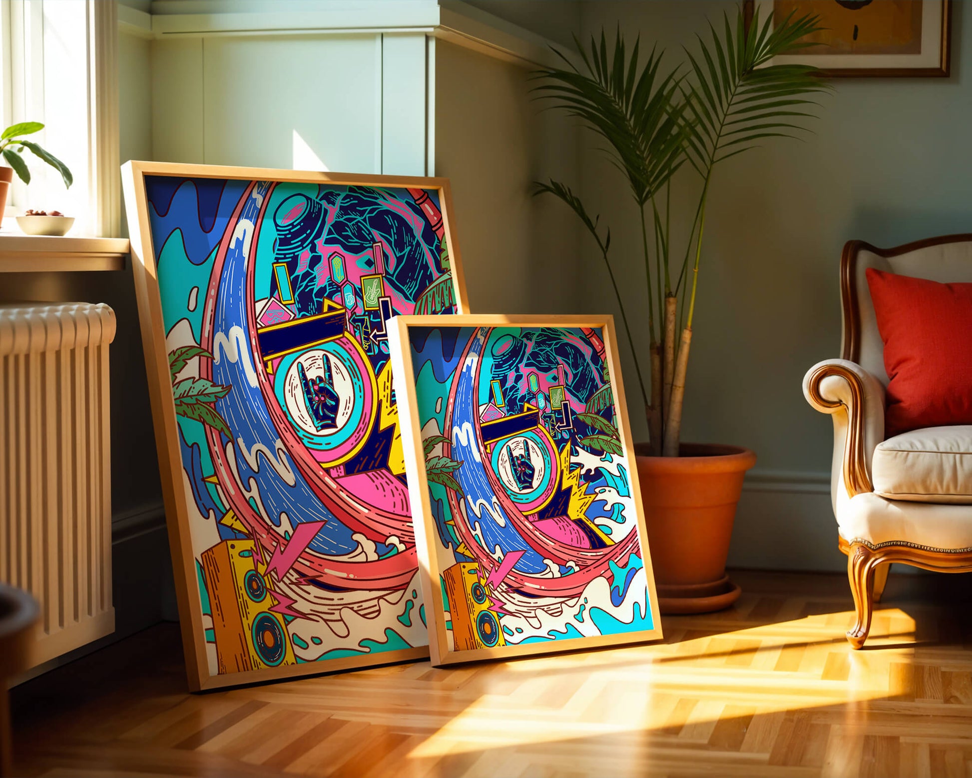 Vibrant abstract art with waves and neon elements
