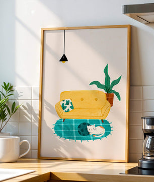 Cozy Living Room with Yellow Sofa and Sleeping Cat