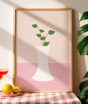 Simple Minimalist Illustration of a White Vase with Green Leaves on a Pink Background - Mi tienda