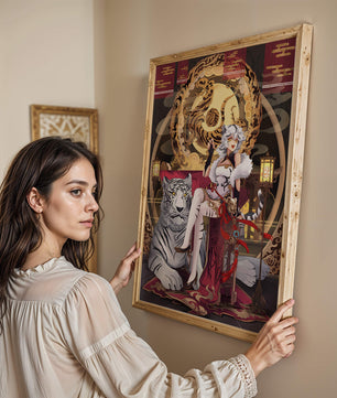 Elegant fantasy character with mystical tiger and ornate decor