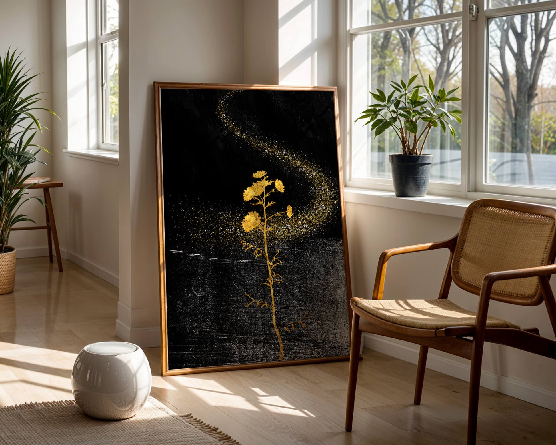 Golden Flowers on Black Background with Sparkling Dust