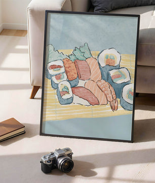 Illustration of assorted sushi rolls with shrimp and salmon on a bamboo mat