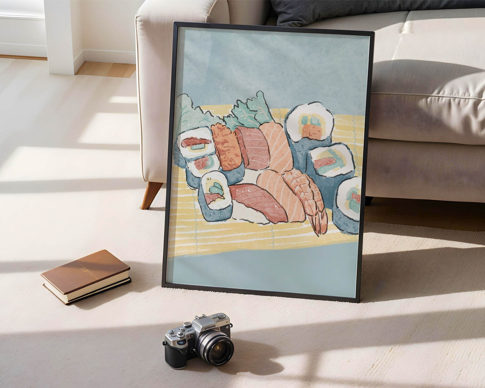 Illustration of assorted sushi rolls with shrimp and salmon on a bamboo mat