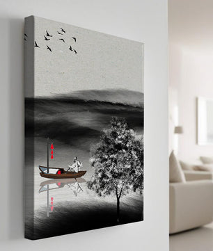 Voyage paisible en bateau dans un paysage serein avec oiseaux et arbre