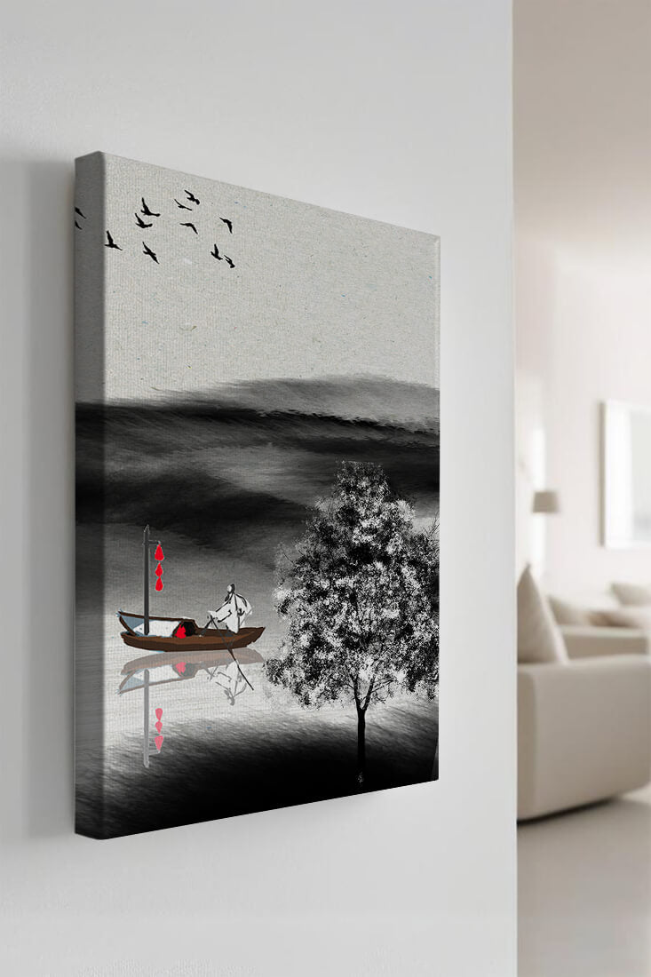 Tranquilo viaje en barco en un paisaje sereno con pájaros y árbol