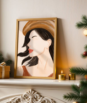 Stylized portrait of a woman in a hat with flowing hair