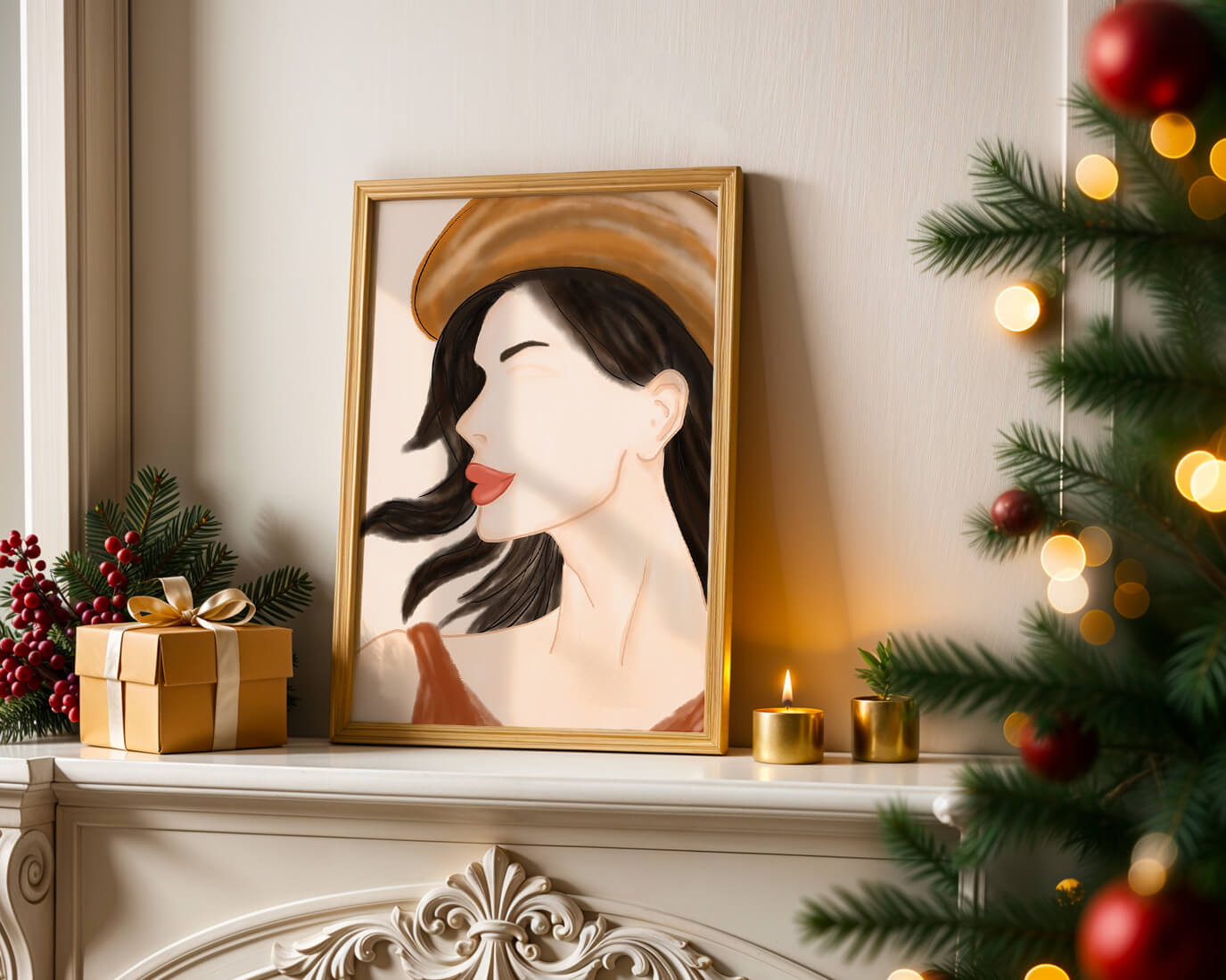Stylized portrait of a woman in a hat with flowing hair