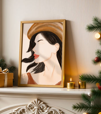 Stylized portrait of a woman in a hat with flowing hair