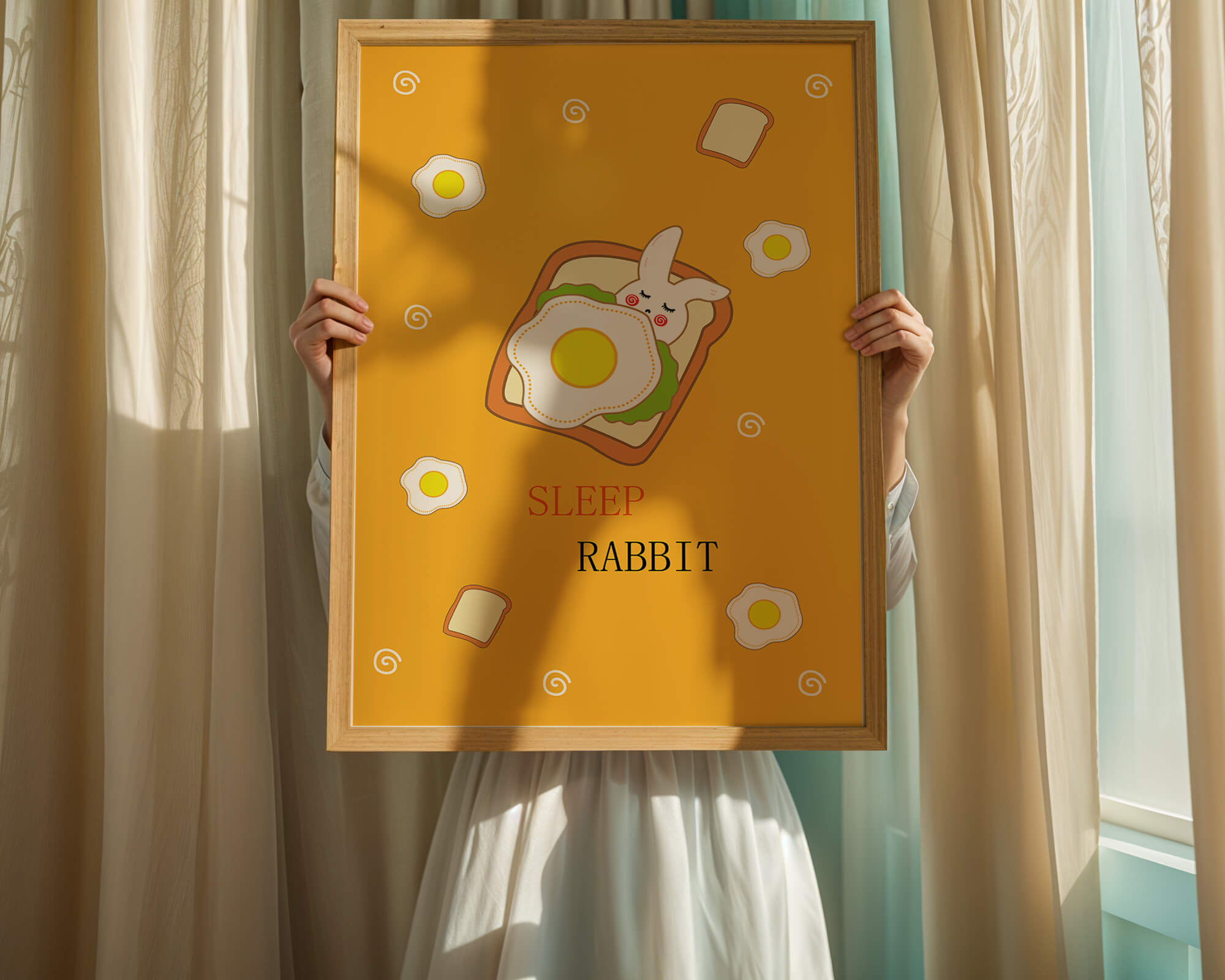 cute rabbit sleeping on toast with fried egg design