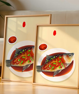 Illustration of a colorful fish dish with garnish